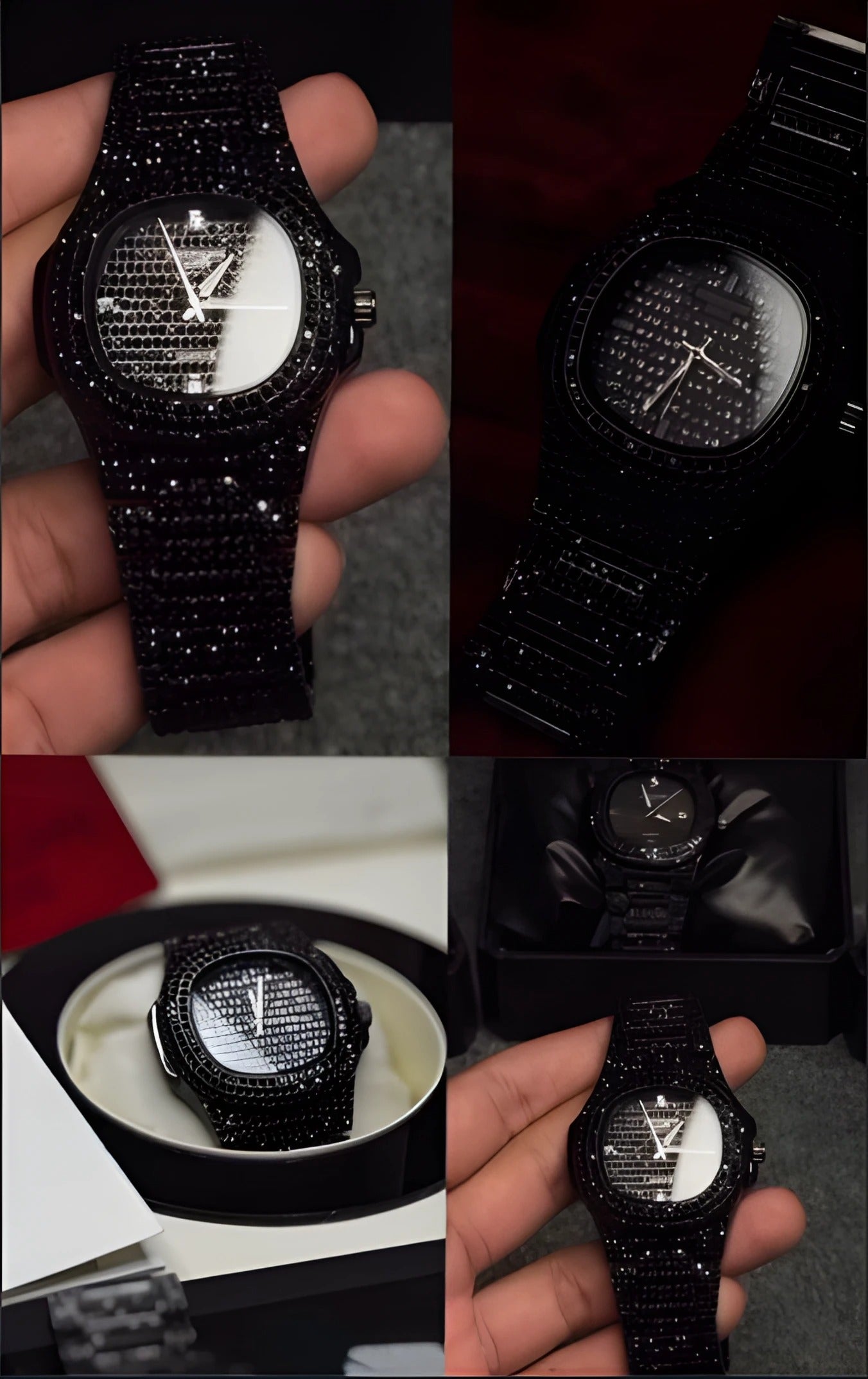 Blacked Iced Out Stain-less Steel Chain Watch For Mens Fashion