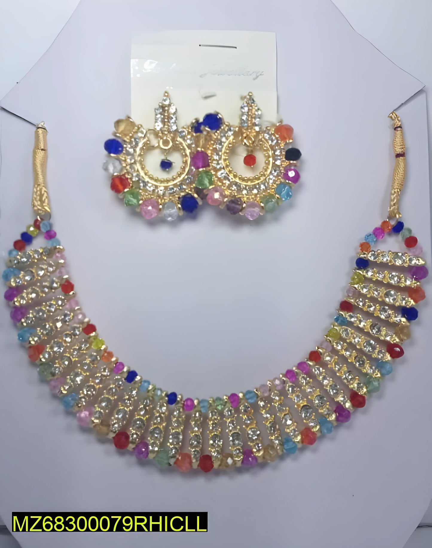 Colorful Chowker Neckless And Crystal Round Earrings Jewellery Set