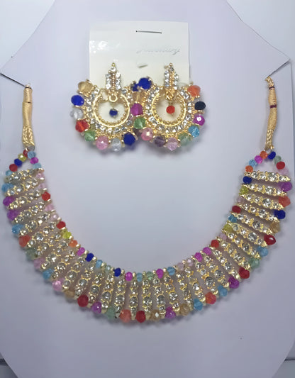 Colorful Chowker Neckless And Crystal Round Earrings Jewellery Set