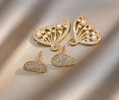 Korean Zircon And Pearl Butterfly Front Back Earrings