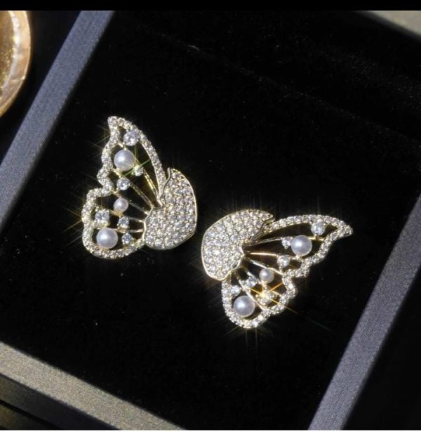 Korean Zircon And Pearl Butterfly Front Back Earrings